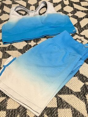 EUC!💗PINK VS Seamless Outfit Blue/white fade Sports Bra& Bike Shorts(Sz-L)!